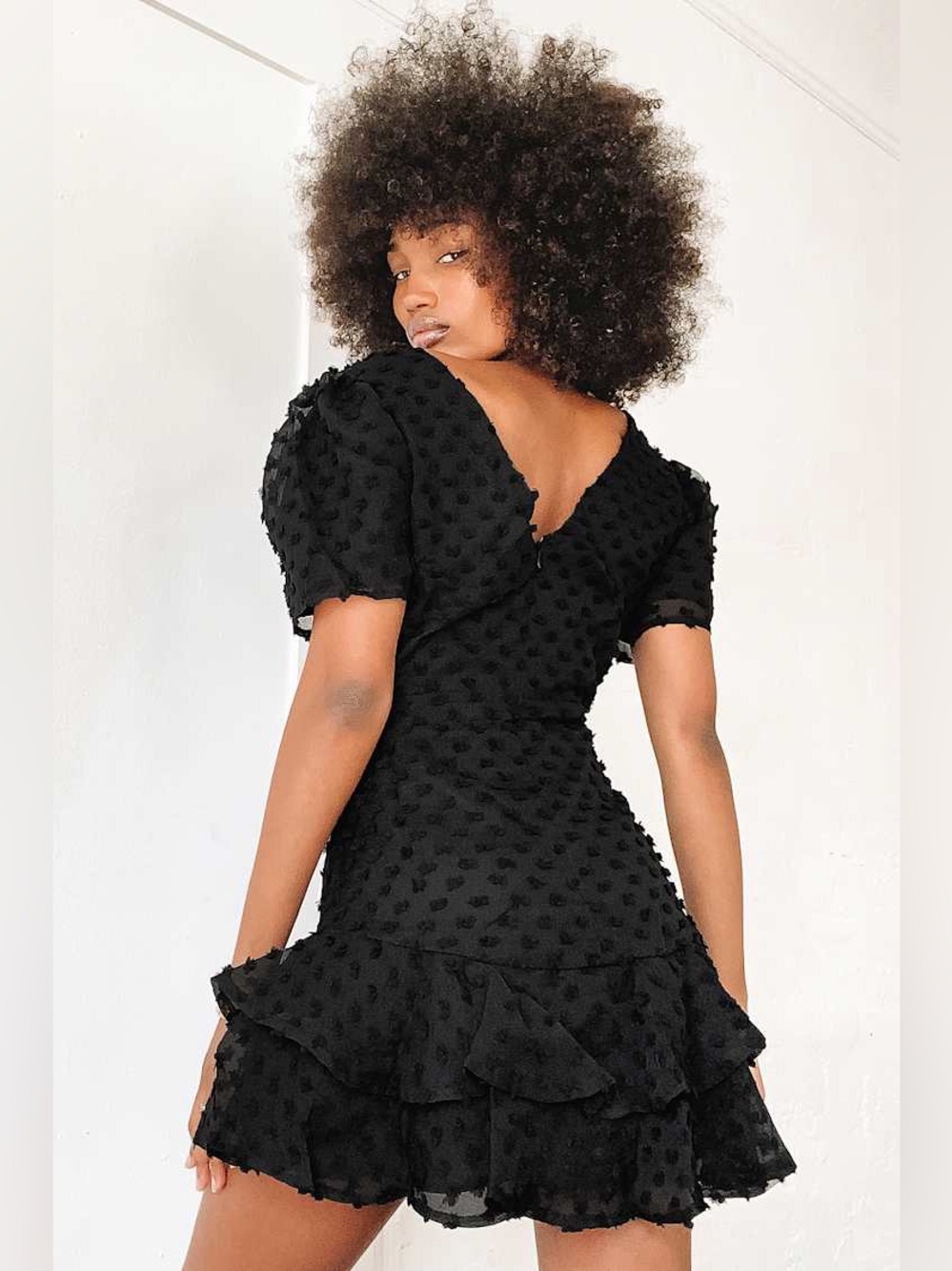 Lulus Black V-Neck Textured Ruffle Dress - Women - Picture 2 of 8